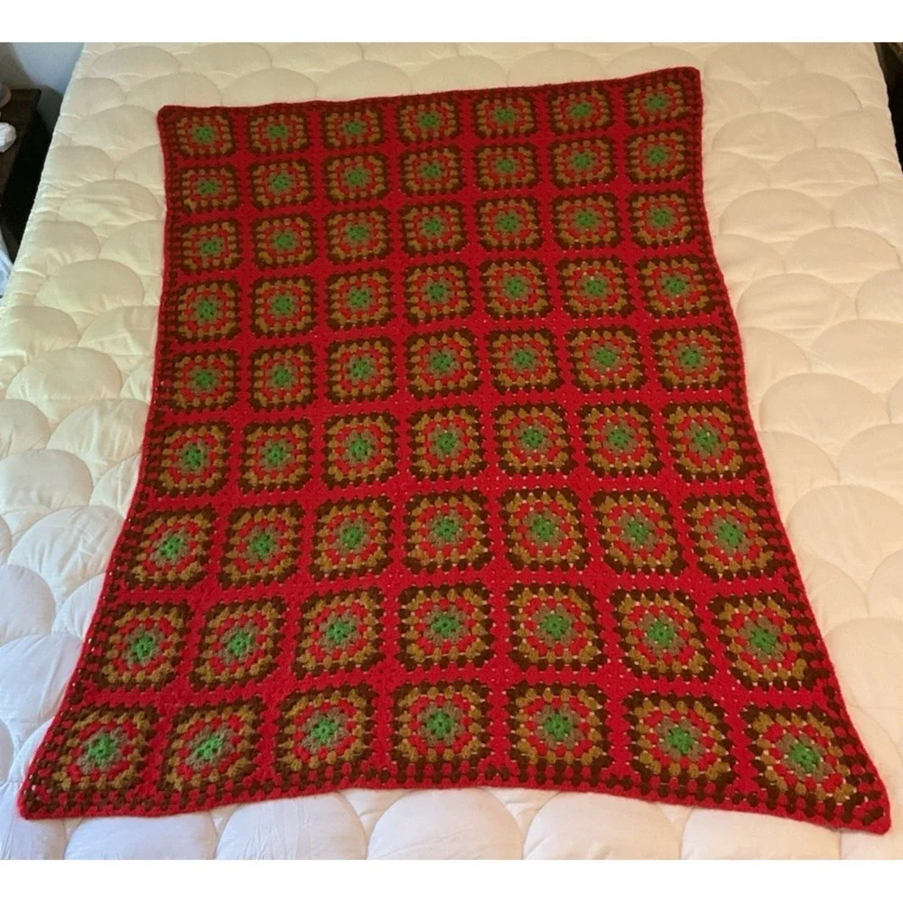 Handmade Crochet Granny Square Afghan Lap Throw Blanket 36x29 Vintage Boho Cabin